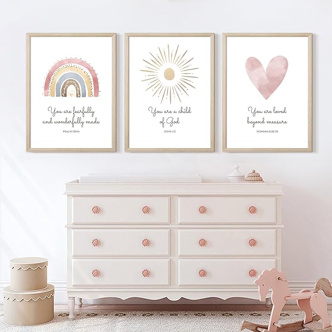 Boho Nursery Wall Art 3 Pieces Bible Verse Nursery Art Christian Girls Nursery Wall Art Heart Rainbow Sun Nursery Art Print Boho Sunshine Decor for Girl Baby Kid Room Decor 12x16 Inch Wood Framed
