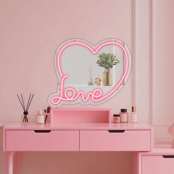 Anime Love Neon Mirror, Cute Makeup Mirror with Led Light, Dimmable Neon Sign for Teen Girls, Decor for Girls Room
