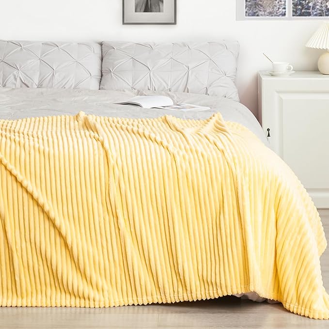 Vessia Flannel Fleece Twin Blanket for Couch,Sofa,Bed, 300GSM Striped 60x80 inch Light Yellow Blanket for Adults and Kids, Super Soft Warm Cozy Lightweight Ribbed Pale Yellow Decor for All-Season