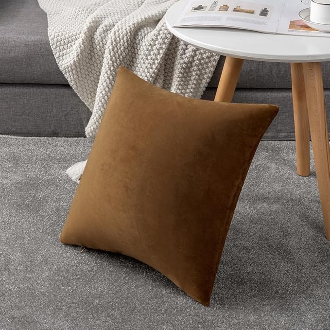 DEZENE Throw Pillow Covers 20x20 Golden Brown: Pack of 2 Cozy Soft Velvet Square Modern Luxury Decorative Throw Pillow Cases for Sofa Couch Living Room Bed Home Decor