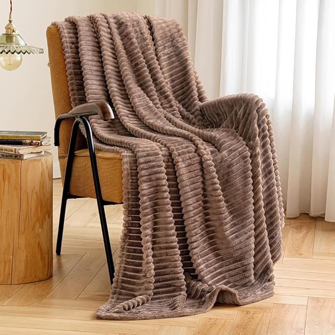 MIULEE Fleece Throw Blanket for Couch 300GSM Super Soft Lightweight Plush Striped Blanket, Brown Warm Cozy Breathable Ribbed Flannel Blanket for Bed/Sofa, Throw Size 50"x60"