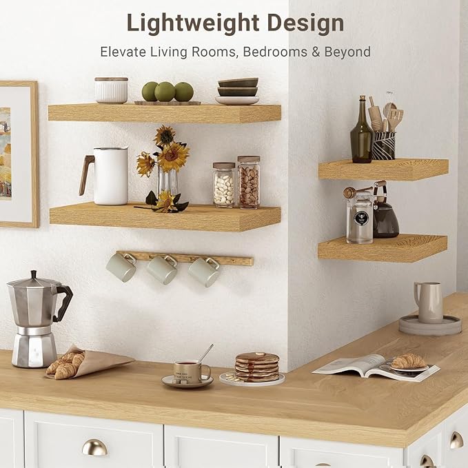 Vivelove 10" Deep Floating Shelves Over Toilet, 24" Wall Shelves for Bathroom Bedroom Kitchen Living Room Laundry Room, Modern Rustic Shelves for Home Decor, 24"x10.2"x1.5", Set of 2, Oak