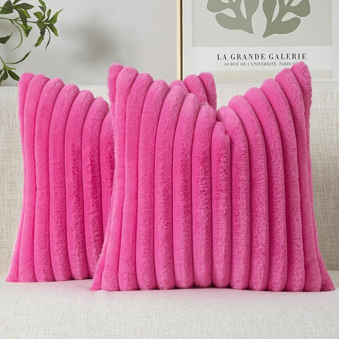 MIULEE Faux Fur Large Decorative Throw Pillow Covers 24x24 Inch Set of 2, Retro Vintage Boho Spring Home Decor Soft Plush Couch Pillows Cozy Fluffy Cushion Covers for Sofa Bed Hot Pink