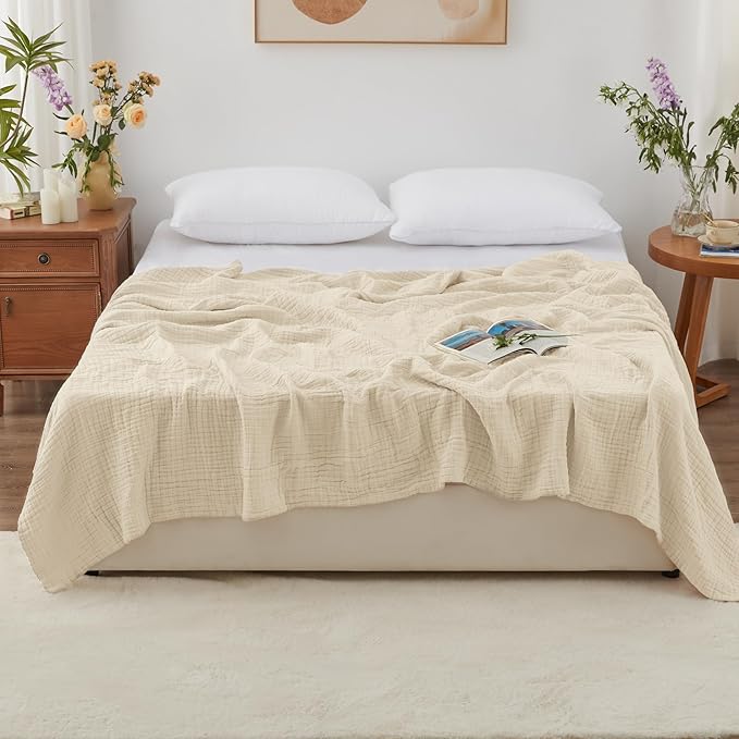 Love's cabin 100% Cotton Muslin Blanket, 6 Layer Lightweight Breathable Gauze Queen Size Blanket 90 x 90 Inches, Soft All Season Blanket for Bed, Beige