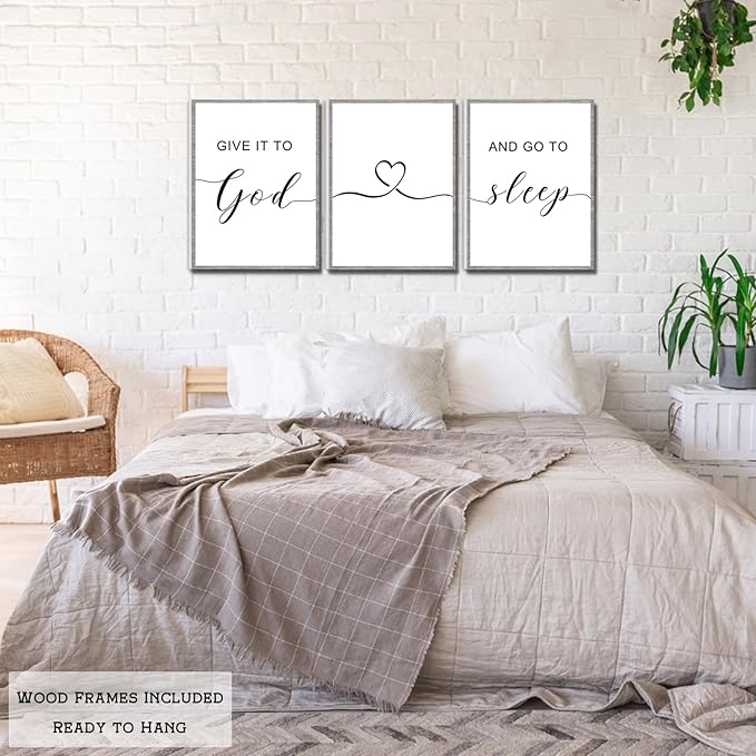 Framed Farmhouse Decor, Farmhouse Wall Art 36x16', Give it to God and Go to Sleep Signs (12x16 inches, Set of 3, Framed, Grey)