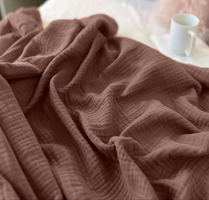 KyraHome 100% Organic Cotton Throw Blankets for Couch, 50" x60“, Pre-Washed Breathable Lightweight Gauze Muslin Blankets for Adults, Kid, All-Season, Brown