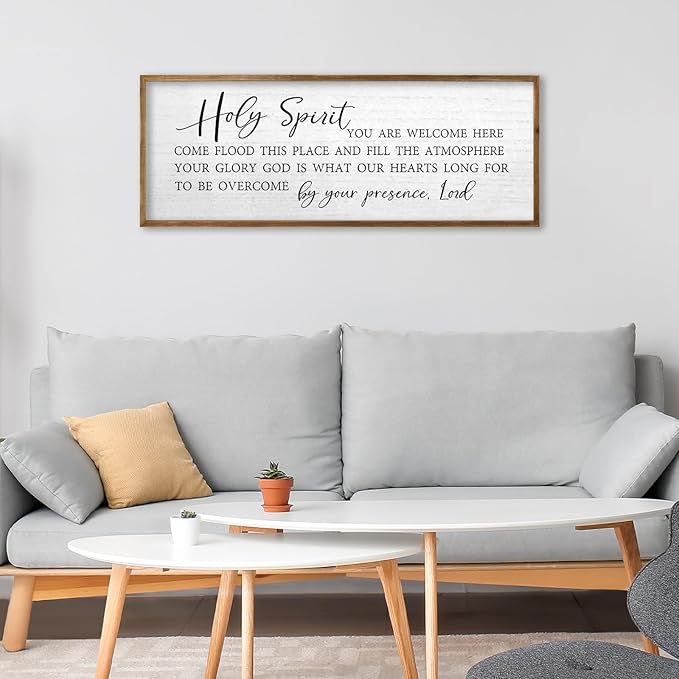 TQianJiang Christian Wall Art Holy Spirit You are Welcome Here Sign Religious Inspirational Quotes Decor 32"×12" Bible Verse Plaque Scripture Living Room Prayer Catholic Wall Hanging (Wood)