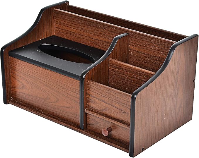 Cherry Brown Wood Desk Organizer Tissue Box Lid Multiple Slots Drawer Tabletop Storage Cabinet Solid Wood Phone Tablet Remote Control Holder Office Supplies Caddy Accessory Sorter Home