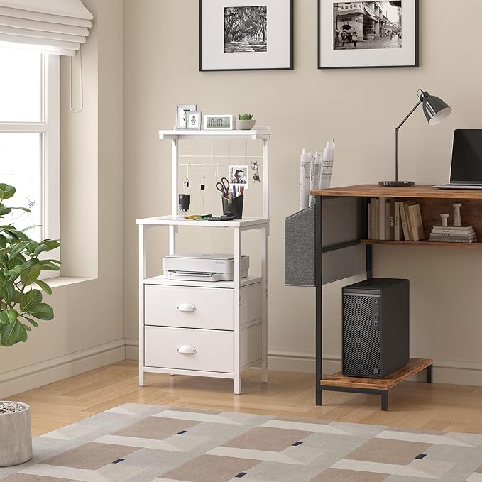 Tall Nightstands with Charging Station, LED Night Stand Bedsides with 2 PU Finish Fabric Drawers,Hooks,USB Port and Oepn Storage Shelves,Tall End Table Bedside for Bedroom,Office, White