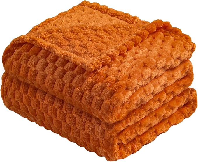 Vessia Flannel Fleece Twin Size Blanket(60x80 inch), 3D Jacquard Burnt Orange Fuzzy and Warm Blanket for Couch,Sofa, 300GSM Super Soft Touch Cozy Lightweight Bed Decor for All-Season Home Decor