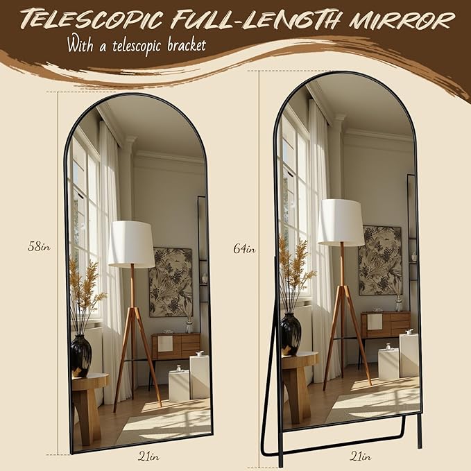 Antok Full Length Floor Mirror Arched Standing Mirror with Aluminum Frame - Freestanding Wall Mount Leaning Body Mirror for Bedroom Living Room Entryway, 64" L x 21" W, Black