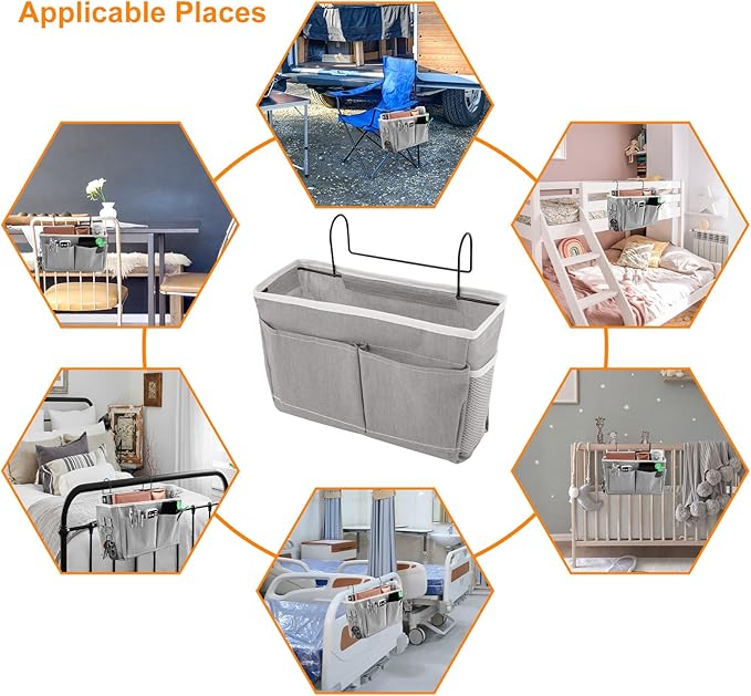 Surblue Bedside Caddy Bedside Storage Bag Hanging Organizer for Bunk, Hospital Beds, Dorm Rooms Bed Rails Camp 4 Pockets and 2 Hooks (Grey)