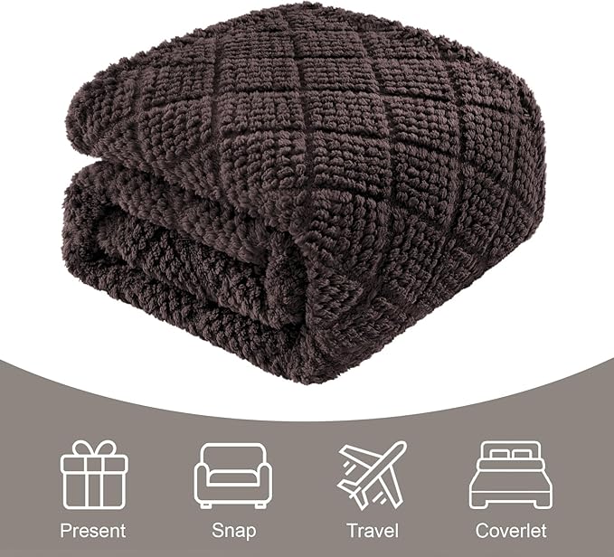 Whale Flotilla Fuzzy Fleece Queen Size Blanket for Bed, Soft Fluffy Jacquard Waffle Blankets for All Season, Lightweight and Warm, 90x90 Inch, Coffee
