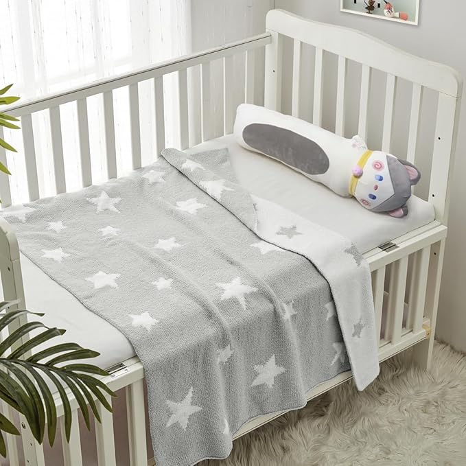 CREVENT 2Pcs 30''X40'' Cute Cozy Fluffy Warm Baby Blankets for Infants Toddlers' Bedding Crib Cot Stroller - Grey Cloud + Knit Grey