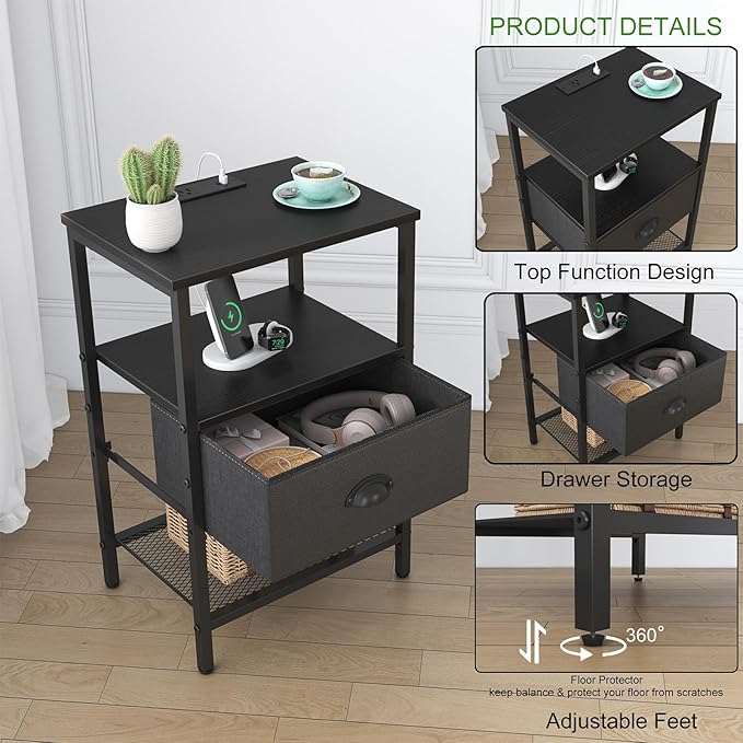 Nightstands Set of 2, LED Night Stands with Charging Station and Fabric Drawer, Bedside Tables with Drawers, 2- Tier LED Side Tables End Table Charging Station Livingroom Bedroom, Black