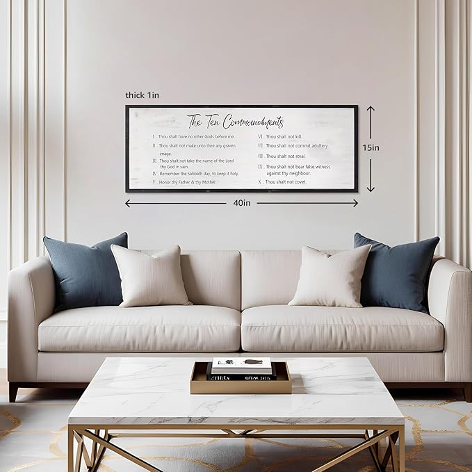The Ten Commandments Rustic Bible Verse Framed Wall Sign For Family Living Room Kitchen Farmhouse Dining Room Vintage Boho Wall Art Decoration For God Jesus Christ Prayer, 40 x 15 Inch, Black
