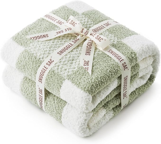Snuggle Sac Checkered Blanket, Sage Green Throw Blanket for Couch Plaid Microfiber Fluffy Warm Cozy Fuzzy Soft Throw Blanket Reversible Checker Blankets for Sofa, Chair, Bed, 50x60 inches