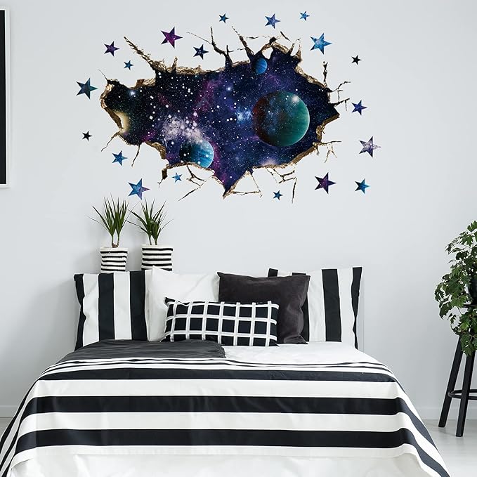 3D Galaxy Blue Cosmic Milky Way Wall Stickers, HOLENGS Outer Space Planets Simulation Crack Hole Wall Decals, Starry Sky Wall Decor for Boys Kids Bedroom Living Room Nursery Decoration