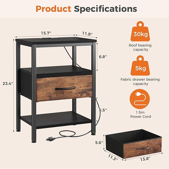 DUMOS Bedside Table with Charging Station and Adjustable Fabric Drawer Compact Nightstand 3-Tier Storage Organizer End Table for Bedroom,Black and Brown