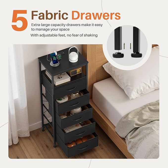 Sweetcrispy Nightstand with Charging Station, Bedside End Table with 5 Fabric Drawers & USB/Type-C Ports and Outlets, Night Stand for Bedroom Furniture, Adjustable Feet and Variable Light Strip, Black