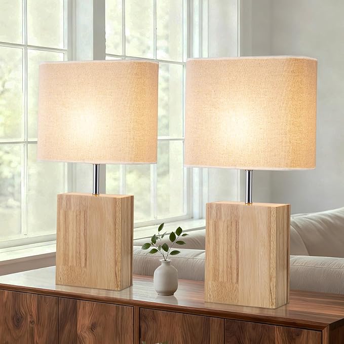 lapupu 23" Wood Table Lamp Set of 2 for Living Room, Modern Bedside Lamps for Bedroom, Large Farmhouse Nightstand Lamp, Desk Lamps for End Table Home Decor, Natural Wood