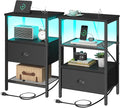 Nightstands Set of 2, LED Night Stands with Charging Station and Fabric Drawer, Bedside Tables with Drawers, 2- Tier LED Side Tables End Table Charging Station Livingroom Bedroom, Black