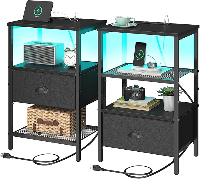 Nightstands Set of 2, LED Night Stands with Charging Station and Fabric Drawer, Bedside Tables with Drawers, 2- Tier LED Side Tables End Table Charging Station Livingroom Bedroom, Black