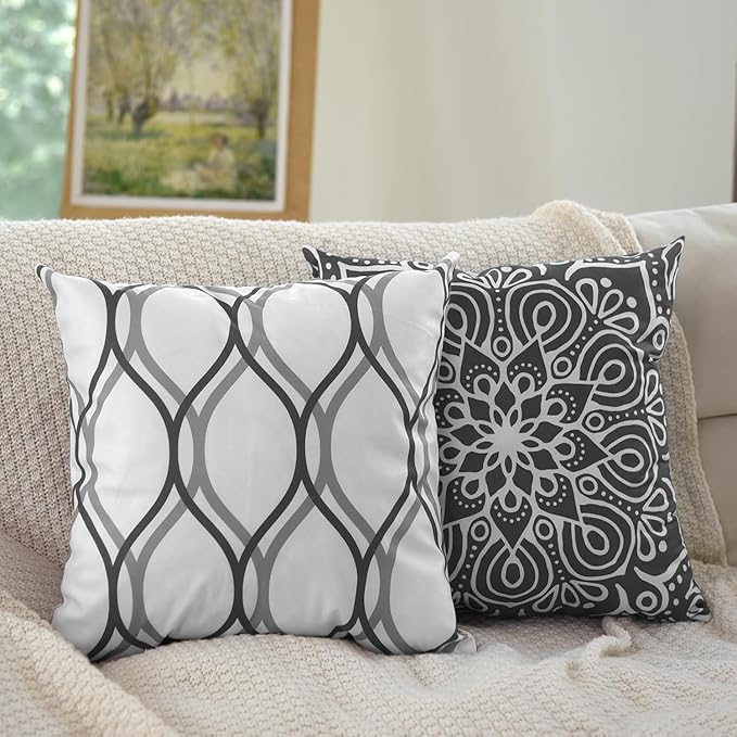 Coliuso Decorative Throw Pillow Covers 16x16 Set of 4, Dark Grey and White Modern Simple Square Pillow Case Cushion Cover for Sofa Couch Farmhouse Outdoor Living Room
