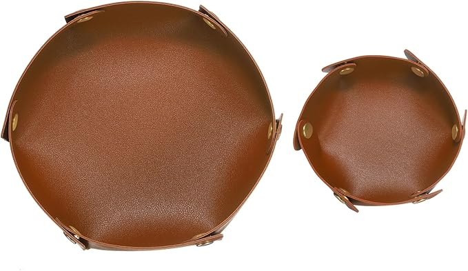 HARFINGTON 2pcs PU Leather Valet Tray Unisex Valet Tray Folding Round Catchall Tray Portable Entryway Table Tray Nightstand Bedside Desk Tray for Key Watch Coin Jewelry Dice, Light Brown
