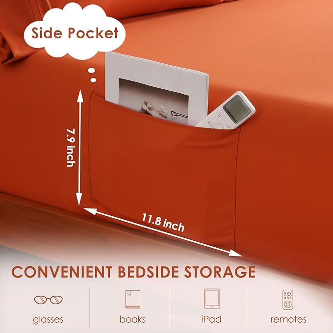 JSD Burnt Orange Twin Sheet Set with Side Pocket Corner Straps, 3 Piece Soft Kids Microfiber Bed Sheets Extra Deep Pocket