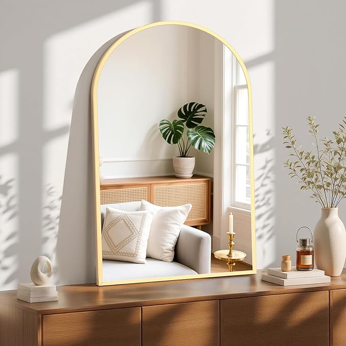 Sweetcrispy 26"x38" Arched Gold Bathroom Mirror Wall Mounted Vanity Metal Frame Mirror for Bedroom, Entryway, Living Room