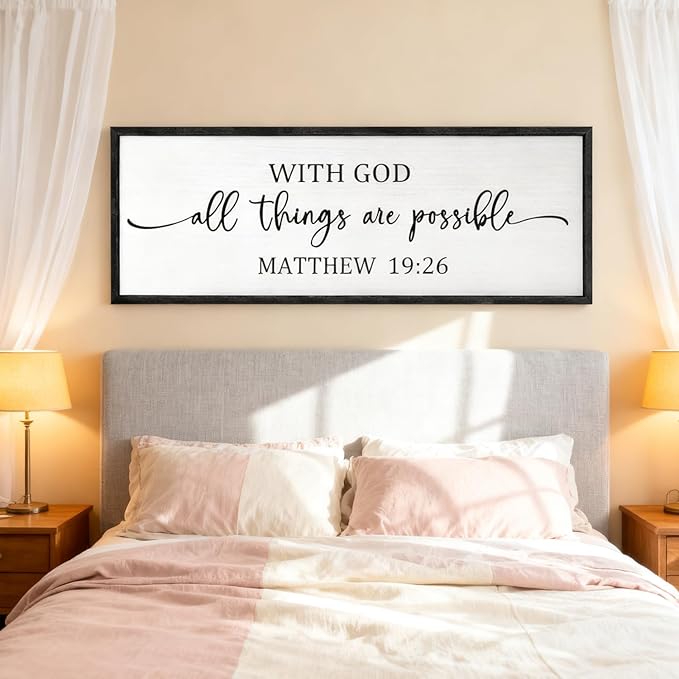With God All Things are Possible Framed Wall Art, 40''×15'' Positive Holy Religious Rustic Bible Verse for Christian God Jesus Christ Prayer, Vintage Horizontal Inspirational Catholic Scripture Decor