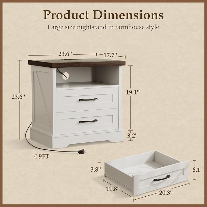 AODK 24 Inch Farmhouse Nightstand with Charging Station, Wood Bedside Table with 2 Drawers and Open Shelf, Rustic End Table with Outlet and USB, White & Dark Walnut