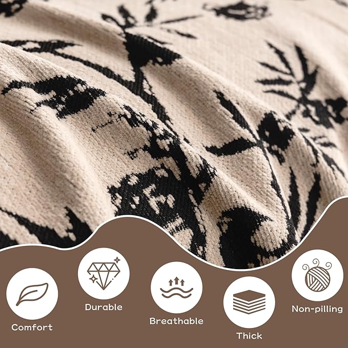 HANDONTIME Couch Cover for Dogs Washable Bird Floral Pattern Slipcovers for Couches and Sofas Camel Sofa Covers with Black Jacquard Flower Chenille Couch Cover Blanket Pet Friendly, 71" X 134"