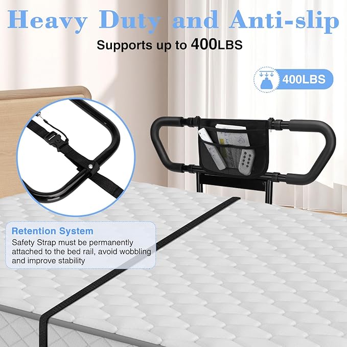 Bed Rails for Elderly Adults Safety: Adjustable Bedside Assist Rails with Storage Pockets, Non-Slip Handles, Items for Elderly Bed Rail, 400LB Gravity Capacity Black