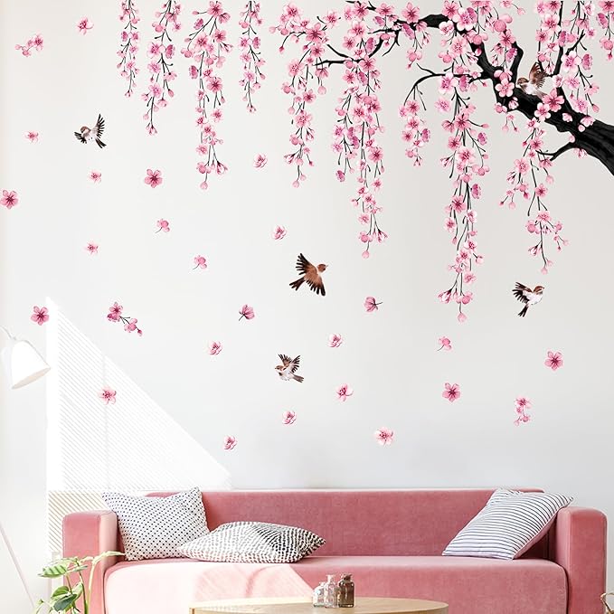Lilac Wall Decoration Large Cherry Blossom Tree Wall Stickers, 4 Sheets Spring Pink Flower Bird Wall Decals Peel and Stick Wall Murals Decor for Living Room Bedroom (Pink, 11.8 * 35.4inch)