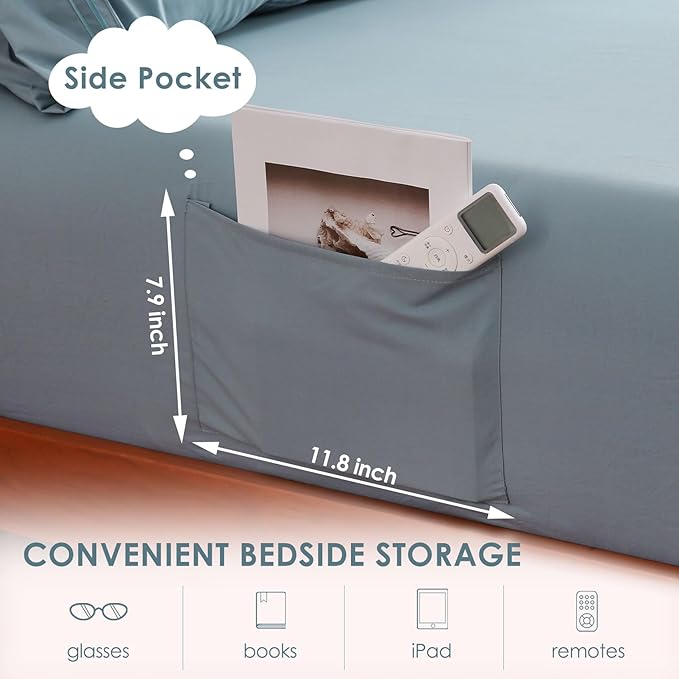 JSD Blue King Sheet Set with Side Pocket Corner Straps, 4 Piece Soft Microfiber Bed Sheets Extra Deep Pocket