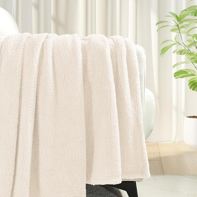 Exclusivo Mezcla Queen Size Blanket for Bed, Super Soft Velvet Plush Fleece Blankets, Fuzzy Cozy and Warm for Winter, 90x90 Inches, Ivory