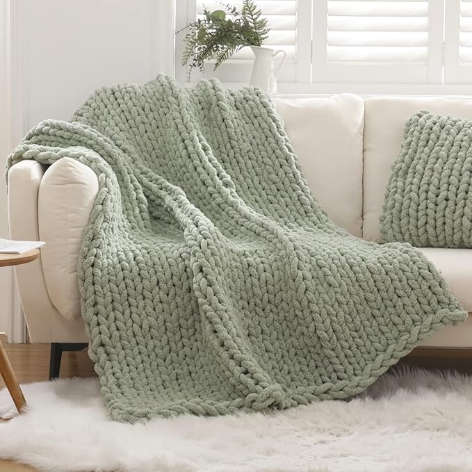 WESHIONGOO Chunky Knit Blanket Throw 51"×63" Knitted Throw Blankets for Couch Bed Fluffy Soft Blanket with Jumbo Chenille Yarn Thick 100% Handmade (Sage Green)