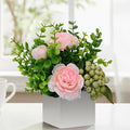 LADADA Artificial Pink Peony Flowers with Eucalyptus and Green Berries in White Square Vase - Fake Floral Arrangement for Home Decor, Table Centerpiece, Bathroom, Office, Wedding, Farmhouse Decor