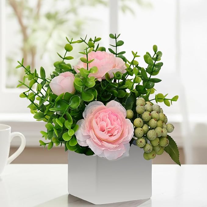 LADADA Artificial Pink Peony Flowers with Eucalyptus and Green Berries in White Square Vase - Fake Floral Arrangement for Home Decor, Table Centerpiece, Bathroom, Office, Wedding, Farmhouse Decor