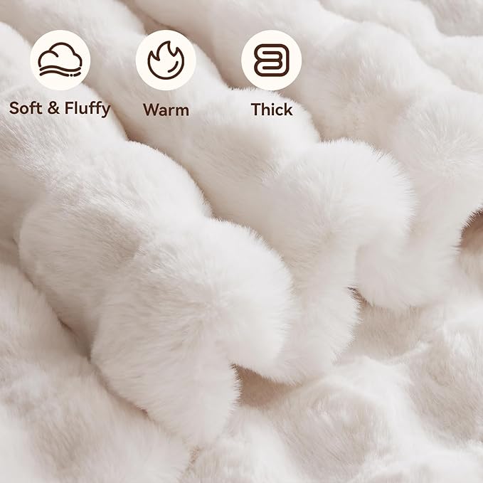 Faux Fur Throw Blanket, 1000GSM Fluffy Soft Bubble Blanket for Couch Bed, Cozy Plush Warm and Thick Blanket, Fuzzy Rabbit Throw for Living Room Bedroom 90''*104'' White