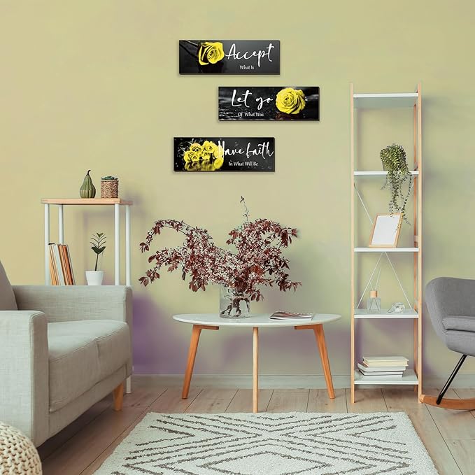 ZINYAZHE 3 Pcs Large Yellow Wall Decor Inspirational Yellow Bathroom Wooden Rose Wall Art Office Wall Decor With Accept Let Go Have Faith Quotes For Girl Women Bathroom Bedroom(yellow 16 X5)