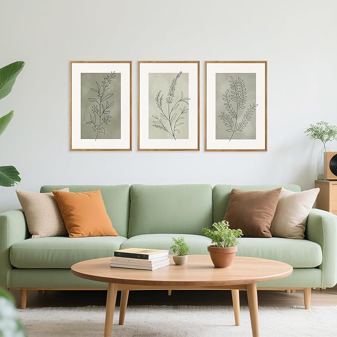CHDITB Botanical Sage Leaf Framed Canvas Wall Art Set Of 3, Minimalist Wall Decor, Boho Nature Floral Greenery Wall Painting, Neutral Botanical Plant Art Prints For Dining Room Bedroom Decor 12”X16”