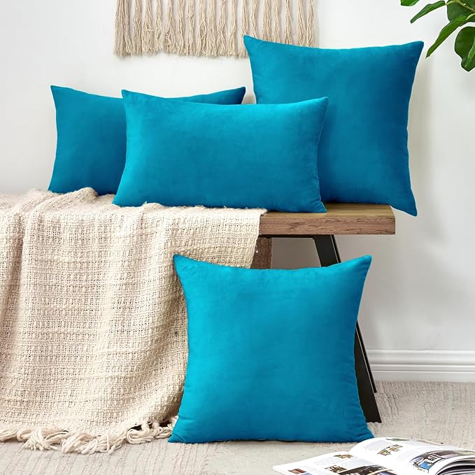 Throw Pillow Covers Decorative Velvet Set of 2 20x20 Inch Pillow Covers, Soft Teal Pillowcases for Couch Sofa Bed Living Room, Farmhouse Home Boho Decor, Square Accent Cushion Covers