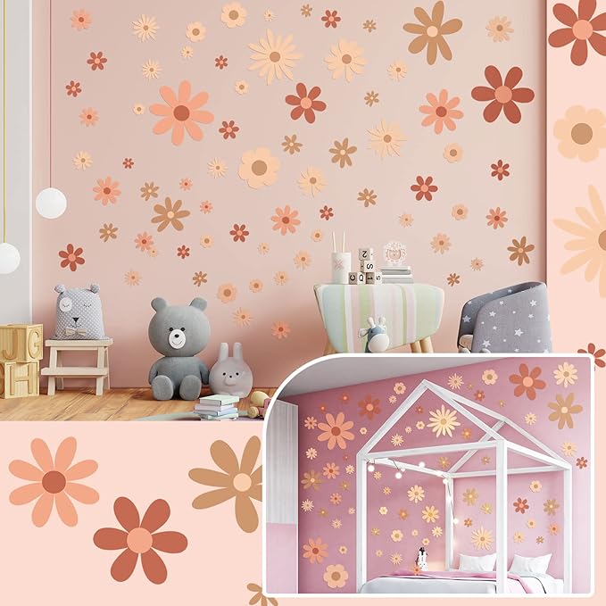 Kisston 90 Pcs Daisy Wall Decal Alphabet Vinyl Wall Decals Boho Decal Daisy Stickers Boho Groovy Floral Stickers for Nursery Art Bedroom Classroom(Classic)