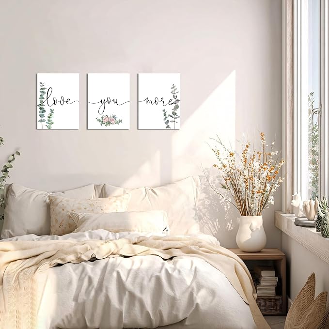 1 KINGO Love You More Wall Art: 12"x16"Love Quotes Bedroom Wall Decor Above Bed, Set of 3 Eucalyptus Wall Art Canvas Prints, Sage Green Botanical Decor for Modern Farmhouse Master Bedroom Living Room