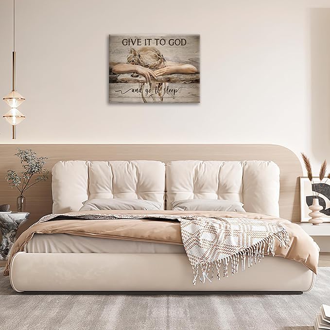 Farmhouse Wall Decor for Bedroom Give It to God and Go to Sleep Sign Pictures Rustic Above Bed Wall Art Christian Girl Sleep Painting Country Bible Verse Canvas Framed Print Artwork 16"x12"