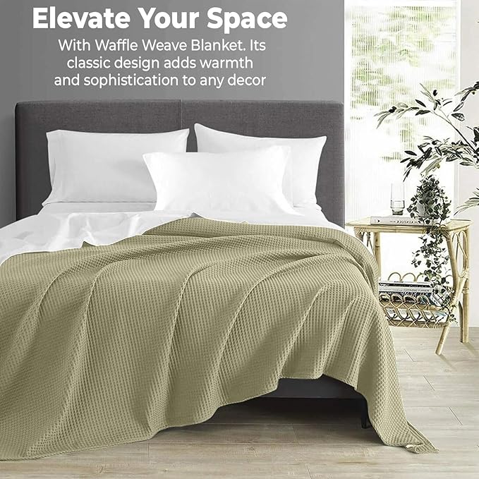 100% Cotton Blankets for Bed - Waffle Weave Blankets for Summer, Lightweight and Breathable Soft Woven Blanket for Spring (Olive Green, Throw (50" x 60"))