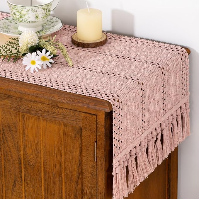 Socomi Boho Table Runner Easter Spring Farmhouse Rustic Dining Kitchen Centerpiece Decor Small Macrame Woven Cotton Linen Coffee Table Runner for Dresser Scarf Home Decor 12x60 in Pink